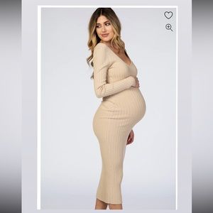 Taupe V-Neck Long Sleeve Fitted Maternity Maxi Dress